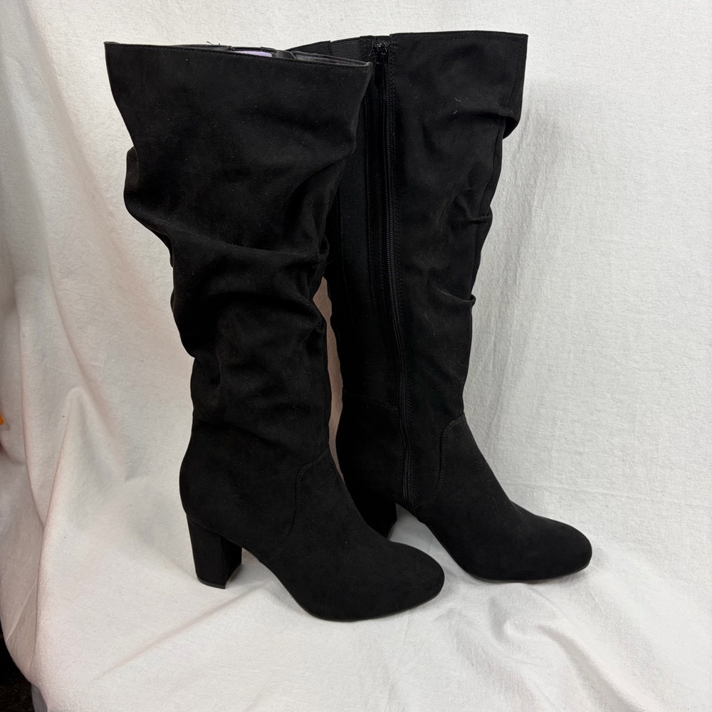 Torrid Slouch knee boots, size 9.5 wide calf, black faux suede heeled boots